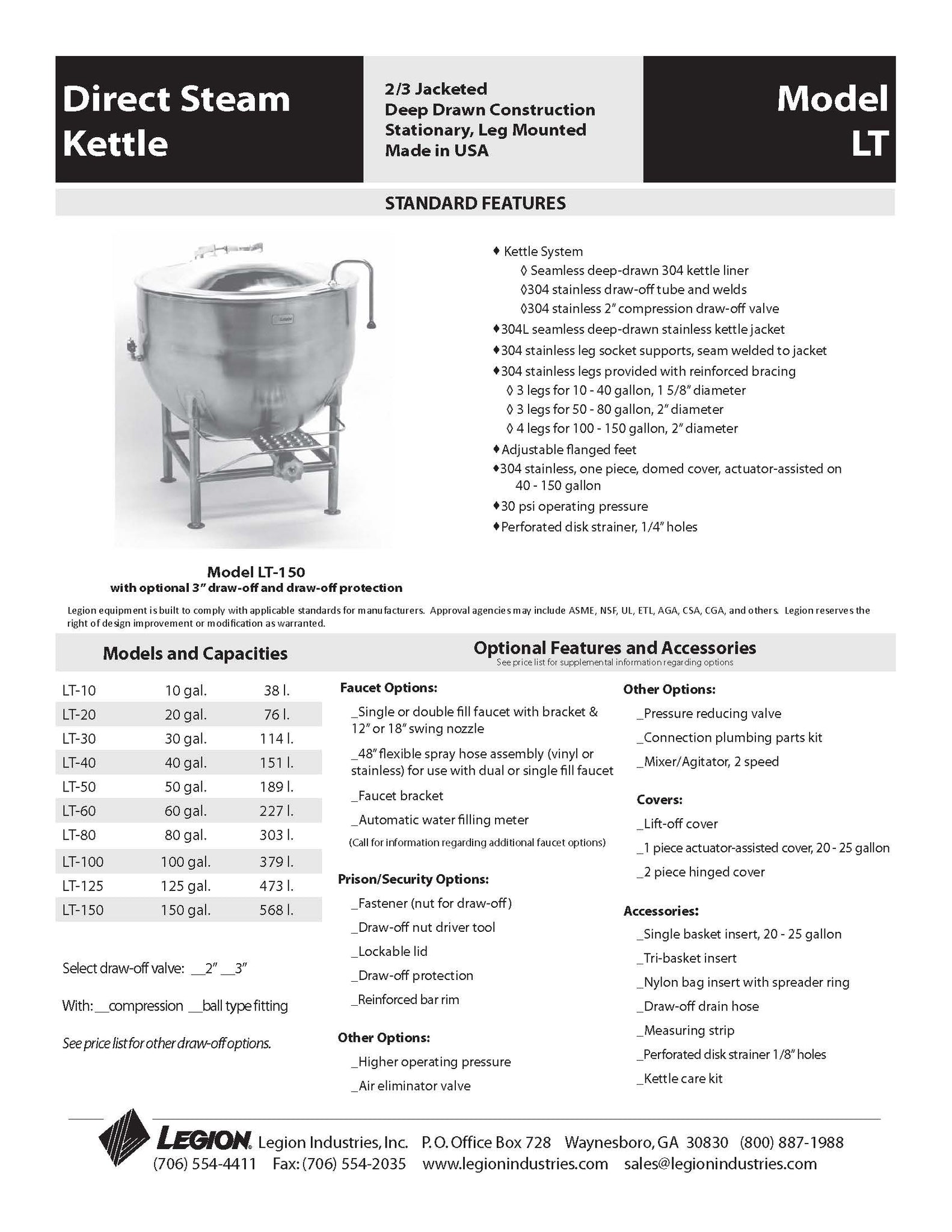 Direct Steam Kettle, Leg Mounted, Stationary Models: LT-10, LT-20, LT ...