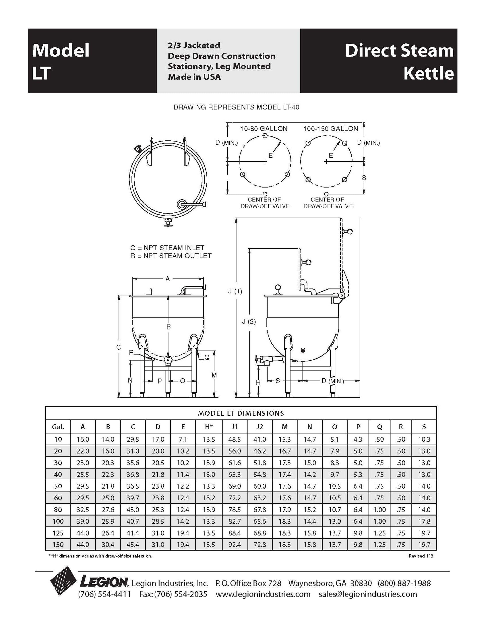 Direct Steam Kettle, Leg Mounted, Stationary Models: LT-10, LT-20, LT ...